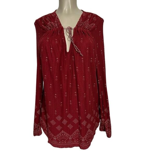 Lucky Brand Brick Red Top Women’s Large Long Sleeve Boho Blouse Tassel Popover - Picture 10 of 14